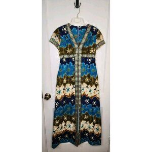 Vintage Miss Magnin Hawaiian Batik 60s MCM Gown Maxi Barkcloth Size Small